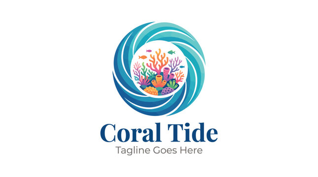 Coral Tide marine logo featuring a colorful coral reef scene inside a stylized blue wave circle.