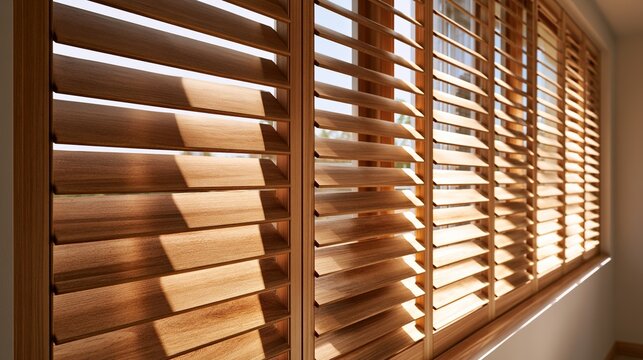 Warm Wooden Louver Shutter With Light Shadow, Indoor Strip Texture Background