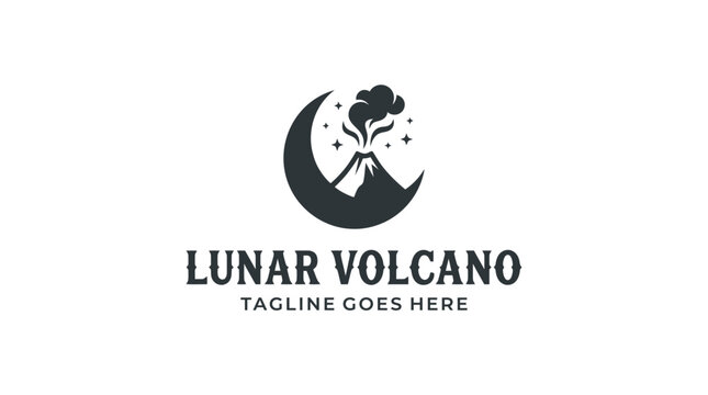Erupting volcano with crescent moon and stars logo for adventure brands.