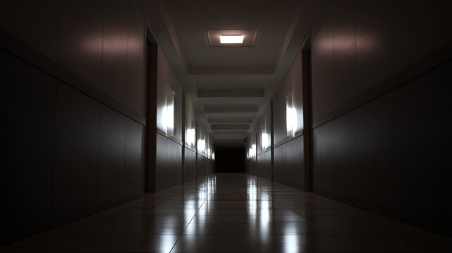 A dimly lit corridor with stark lighting, creating an eerie yet compelling atmosphere, ideal for themes of mystery and suspense.
