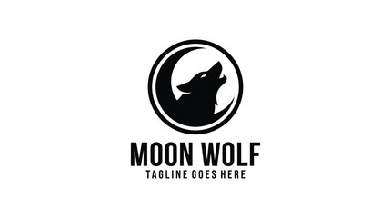 Fototapeta premium Minimalist Moon Wolf logo showing a black wolf head howling in front of a white crescent moon.