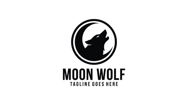 Minimalist Moon Wolf logo showing a black wolf head howling in front of a white crescent moon.