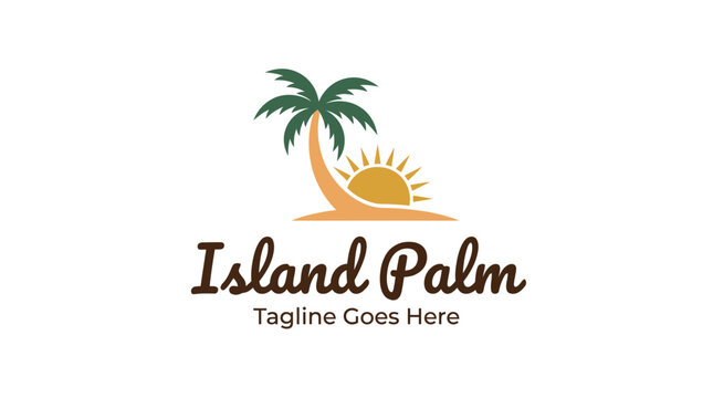 Minimalist tropical island logo with palm tree and setting sun.