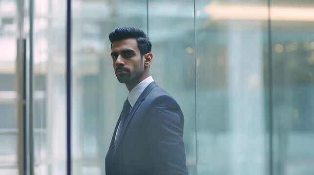 A focused businessman stands confidently near a glass wall, showcasing professionalism in a modern corporate environment.