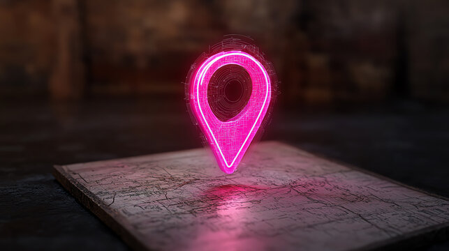 A glowing neon pink location pin stands out against a textured surface, symbolizing navigation and digital mapping concepts.