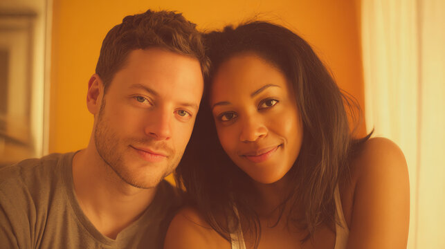 A joyful couple poses together in a warm, inviting space, capturing love and connection in a candid moment of togetherness.
