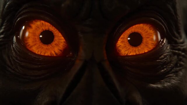 Close up of monster face with glowing orange eyes in darkness. Scary creature watching in night. Creepy horror movie monster detail for halloween