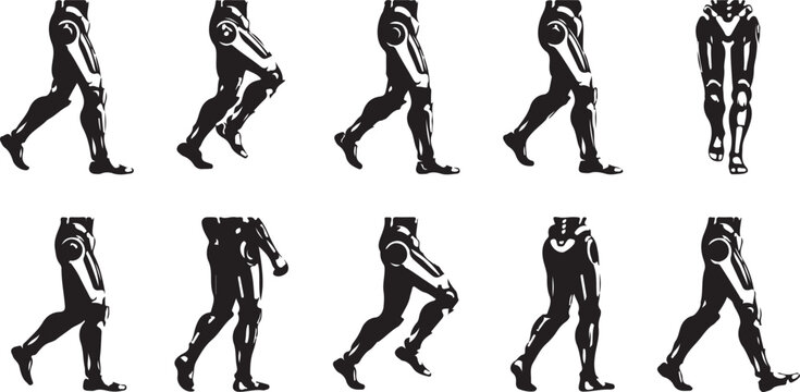 Robotic Leg Animation Walk Cycle Sprite Sheet, Mechanical Bipedal Limbs Movement Study for Video Games and Concept Art
