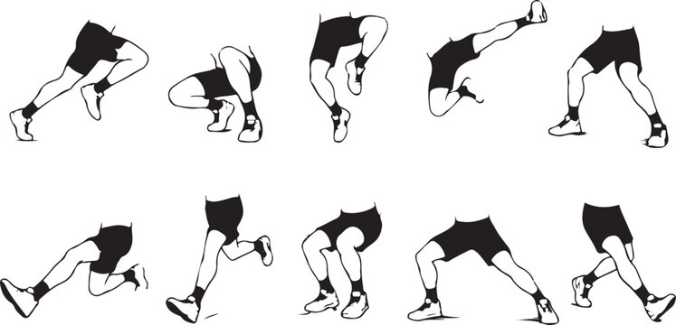 Set of 10 character movement and action poses featuring sprinting, jumping, kicking, and combat stances, hand-drawn leg sketches for animation and game design reference