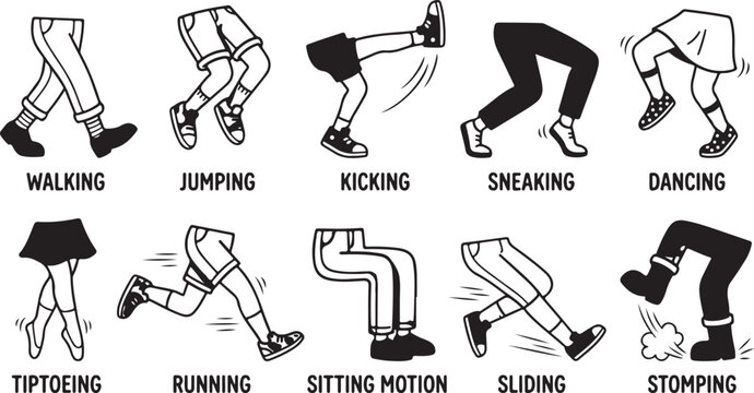 Set of Cartoon Human Legs Illustrating Various Action Verbs and Movements like Walking, Running, Jumping, Dancing, and Kicking.