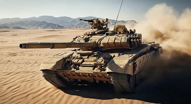 A military tank drives through desert sand with mountains in background, kicking up dust.