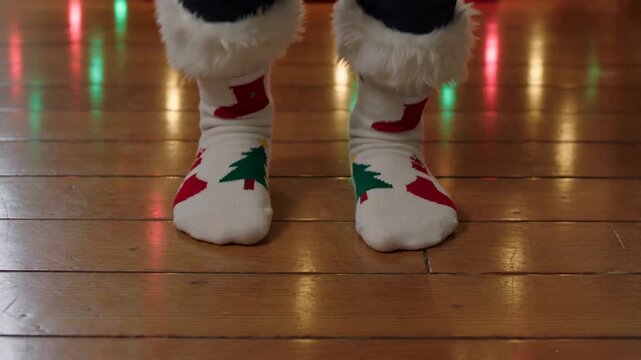 Person dances in cozy Christmas socks on wooden floor. Feet wearing festive hosiery celebrating at holiday party with bokeh lights. Seasonal home decoration and winter mood during joyful celebration