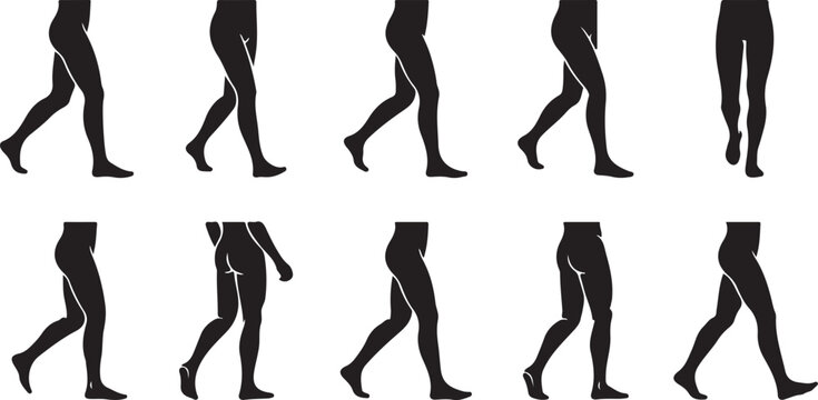 Walk Cycle Silhouette Set of Human Legs, Walking Animation Sequence Frames and Lower Body Movement Study