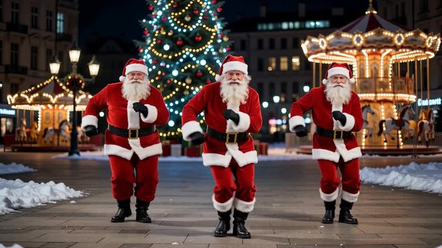 Three men costumes as Santa Claus dancing on town square at Christmas. Festive celebration at night with illuminated tree