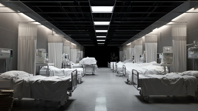 A modern hospital ward showcasing empty beds and an organized, sterile environment, emphasizing healthcare and recovery.
