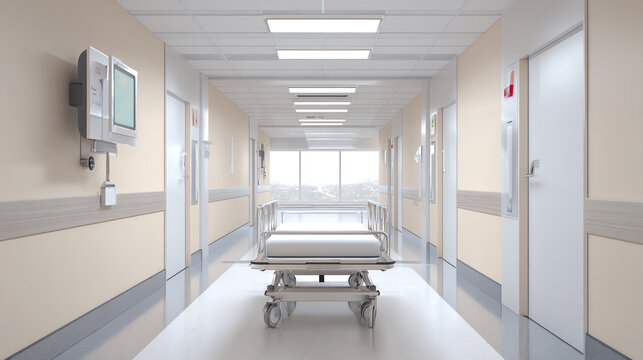 A modern hospital hallway featuring a patient bed, medical equipment, and bright lighting, symbolizing care and recovery.