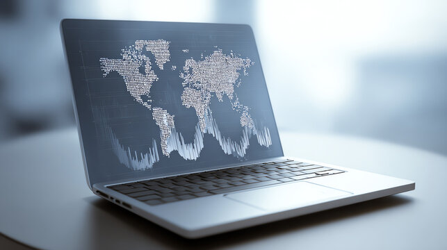 A modern laptop displaying a world map with data visualization, showcasing the connection between technology and global information.