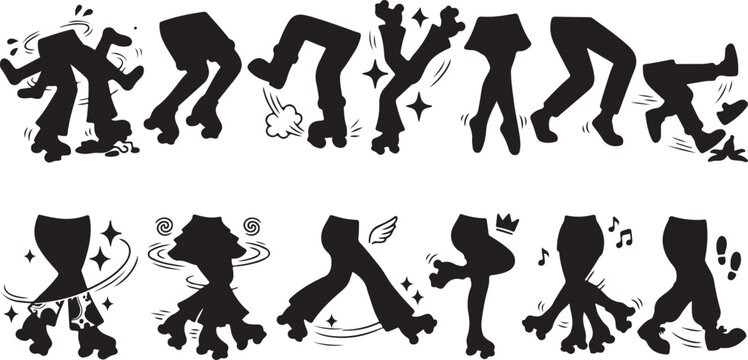 Collection of roller skating moves and footwork illustrations, featuring quad skates and various techniques like spinning, gliding, and dancing wildly. Skating styles and maneuvers guide.