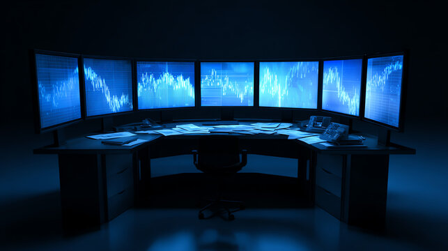 A modern trading desk equipped with multiple screens displaying stock market trends and data analysis for financial professionals.
