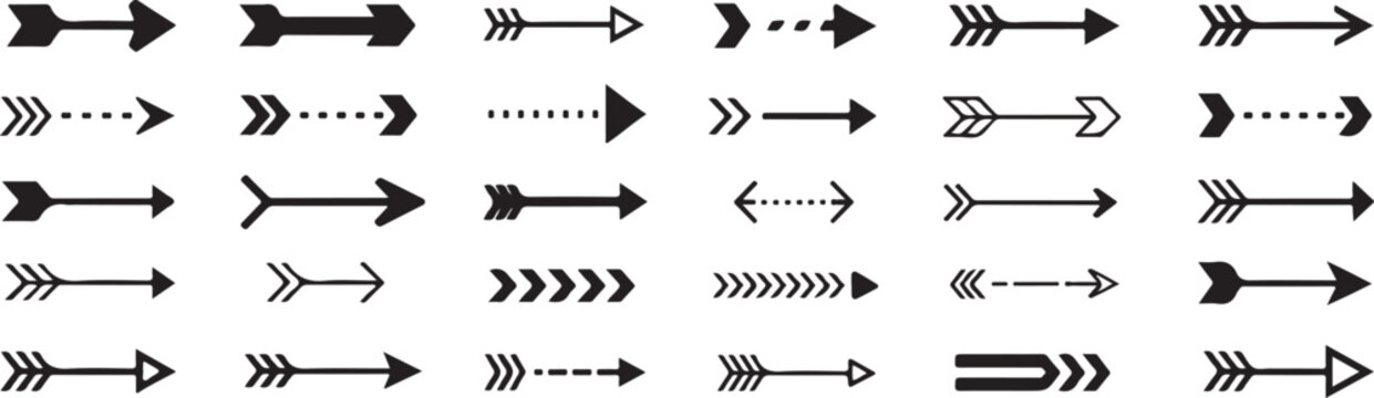 Arrows hand drawn set with black curved lines and pointed tips on white background