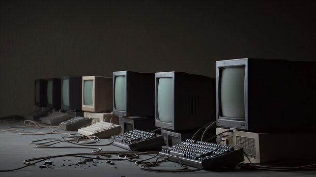 A row of vintage computer monitors and keyboards, showcasing the evolution of technology against a dark background.