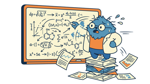 Stressed cartoon scientist character overwhelmed by complex equations and research papers.
