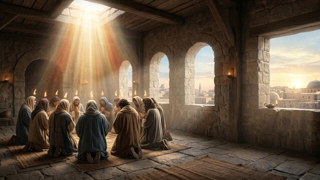 Holy Spirit Miracle Shining Over Christian Disciples in Rustic Biblical Prayer Room
