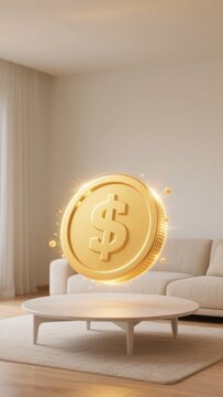 リビングルームのテーブルの空中に浮かび発光する金色のドルコイン、金融のコンセプトイメージ
