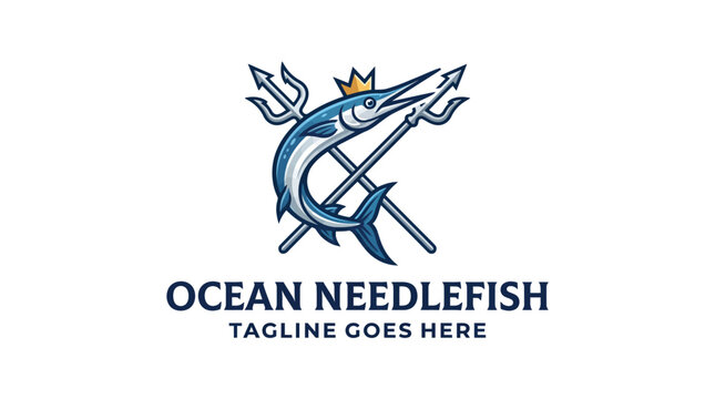 Needlefish with crossed tridents and crown logo for naval or fishing gear.