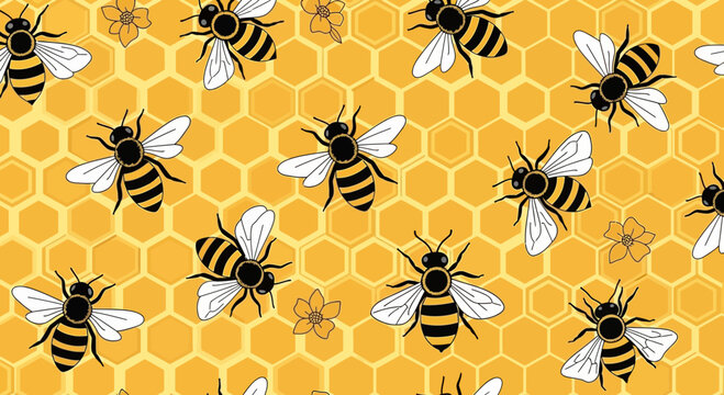 Seamless Honeycomb Pattern with Flying Bees and Flowers