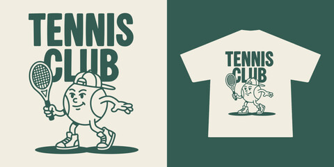 Naklejka na ściany i meble A cool, vintage-inspired graphic design featuring a friendly cartoon tennis ball character wearing a baseball cap and sneakers, holding a tennis racket.