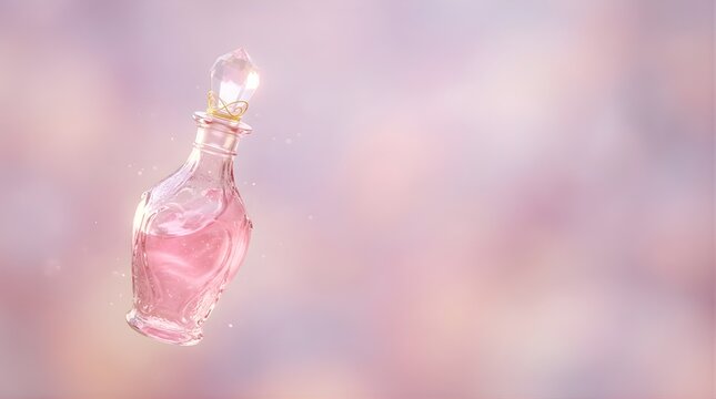 Pink crystal glass perfume bottle floating in magical light background
