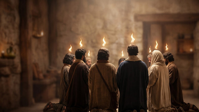 Pentecost Miracle with Holy Spirit Fire Above Christian Disciples in Prayer