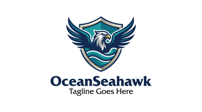 Seahawk eagle mascot logo on a shield with ocean waves.