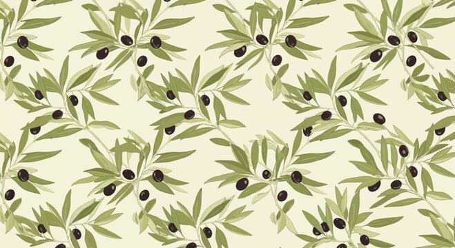 Seamless Pattern of Olive Branches with Black Olives on a Light Yellow Background