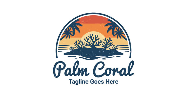 Sunset with palm trees and coral reef logo for tropical beach resorts.