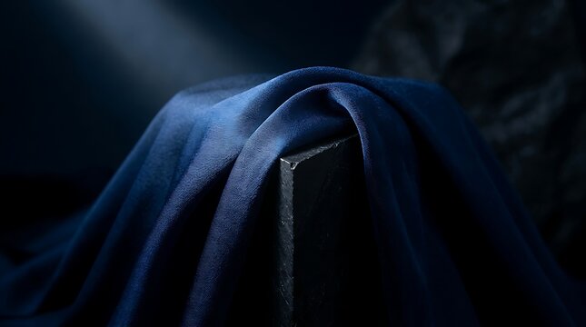 Luxurious dark blue satin cloth draped over a rough stone edge