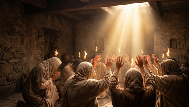 Christian Worshippers Raising Hands Toward Holy Spirit Miracle Light in Prayer