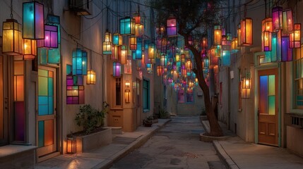 Obraz premium Charming alleyway adorned with vibrant, glowing lanterns creating an enchanting ambiance