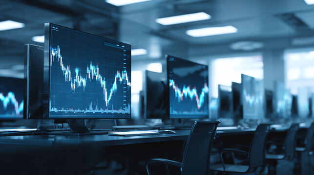Modern office environment with multiple computer screens displaying financial graphs and data analytics.