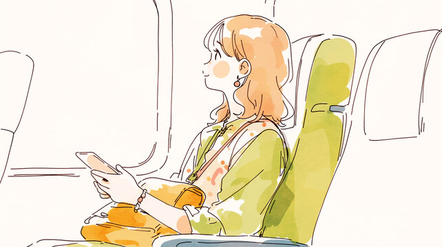 旅へ向かう女性を描いた手書き風イラスト。自然体で立つ女性を表現した、やわらかく親しみやすい人物素材。旅行、観光、一人旅、散策、休暇、お出かけ、移動、街歩き、休日、ファッション、全身、人物、立ち姿、線画、シンプル、余白、挿絵、広告、ブログ、SNS、チラシ、ポスター、旅行や日常の表現に便利な素材。旅のしおりや観光マップ、配布物にも便利な人物素材