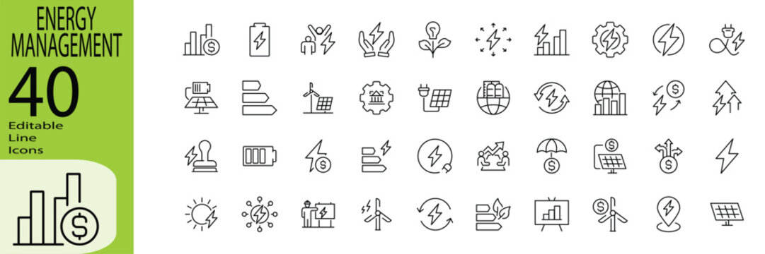 Energy Management icon set. Editable stroke.