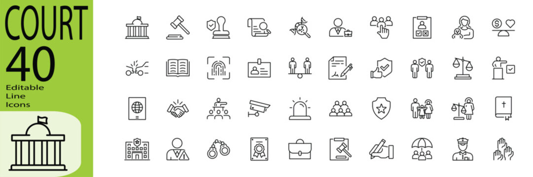 Court icon set. Editable stroke.