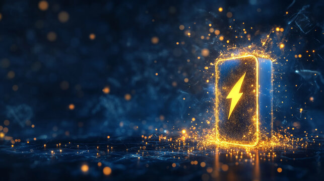Energy Battery with Lightning Symbol and Glowing Particles
