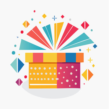 Colorful Gift Box Exploding with Confetti and Geometric Shapes