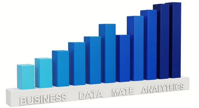 A bar chart with increasing blue bars representing business data analytics growth