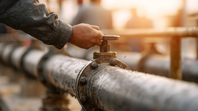 夕陽の中で配管バルブを操作する作業員の手元｜配管設備 インフラ メンテナンス
Worker operating industrial pipeline valve during sunset maintenance operation