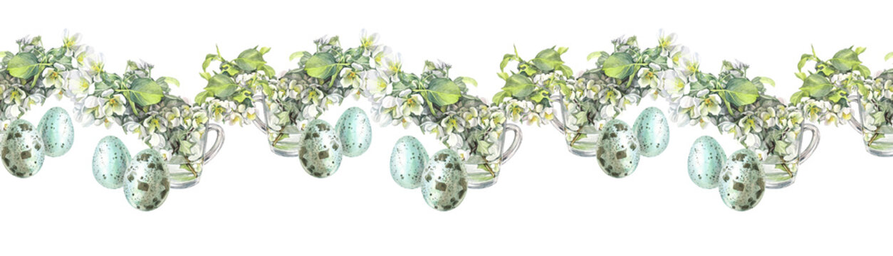 Watercolor Easter seamless border with egg and bouquet branches with apple blossoms in vase on white background. Spring flower and bird for rim. Celebration invite with food. Wrapping or wallpaper