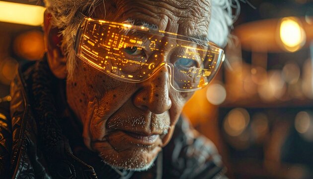 暖かい光の中で透明な保護メガネをかけた日本人高齢革職人の顔に光の反射が映るハイコントラストポートレート