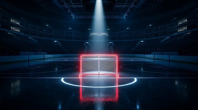 Empty ice hockey goal net illuminated by a spotlight in a dark professional arena